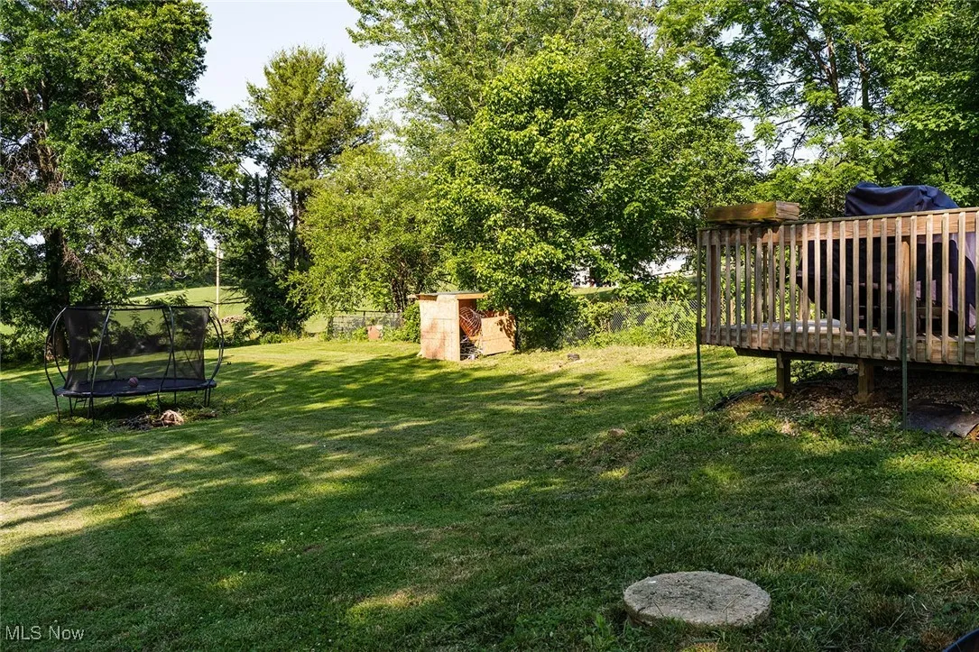 View of yard with a trampoline, a wooden deck, and a storage unit