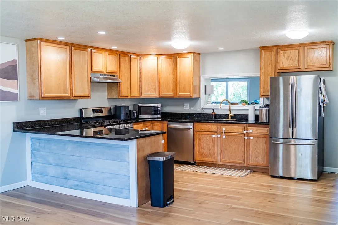 Kitchen with stainless steel appliances, under cabinet range hood, a peninsula, light wood-type flooring, and recessed lighting