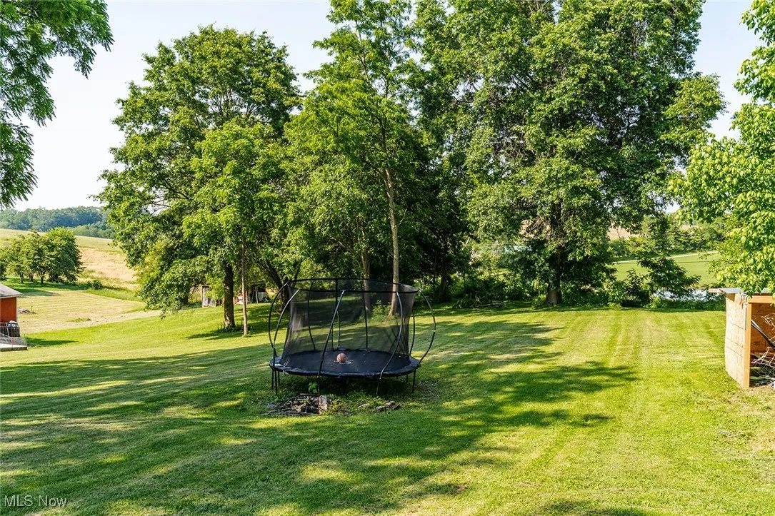 View of green lawn featuring a trampoline