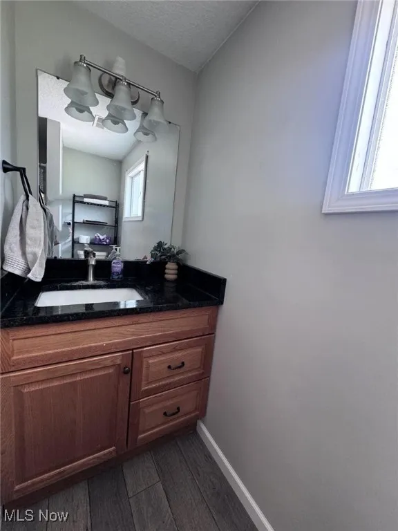 Bathroom featuring wood finished floors, vanity, baseboards, and a textured ceiling