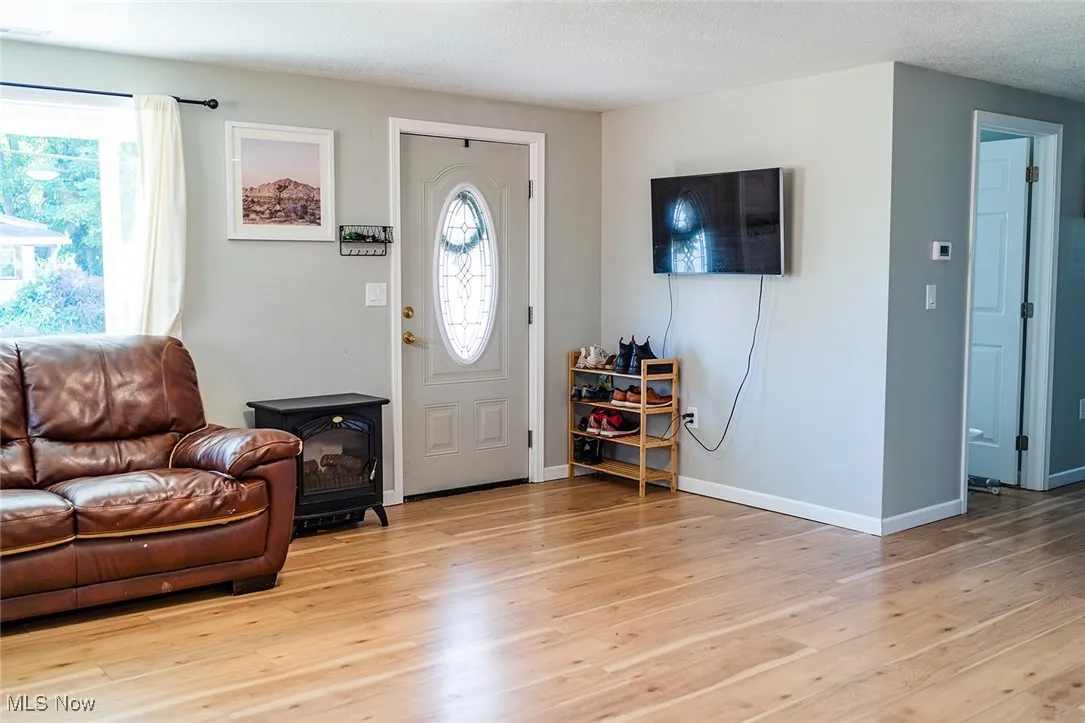 Foyer featuring light wood-style flooring, healthy amount of natural light, and a wood stove