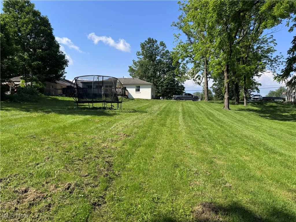 View of grassy yard featuring a trampoline