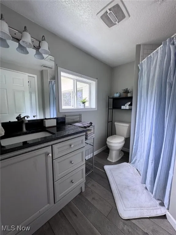 Bathroom featuring toilet, a textured ceiling, wood finished floors, vanity, and a shower with curtain