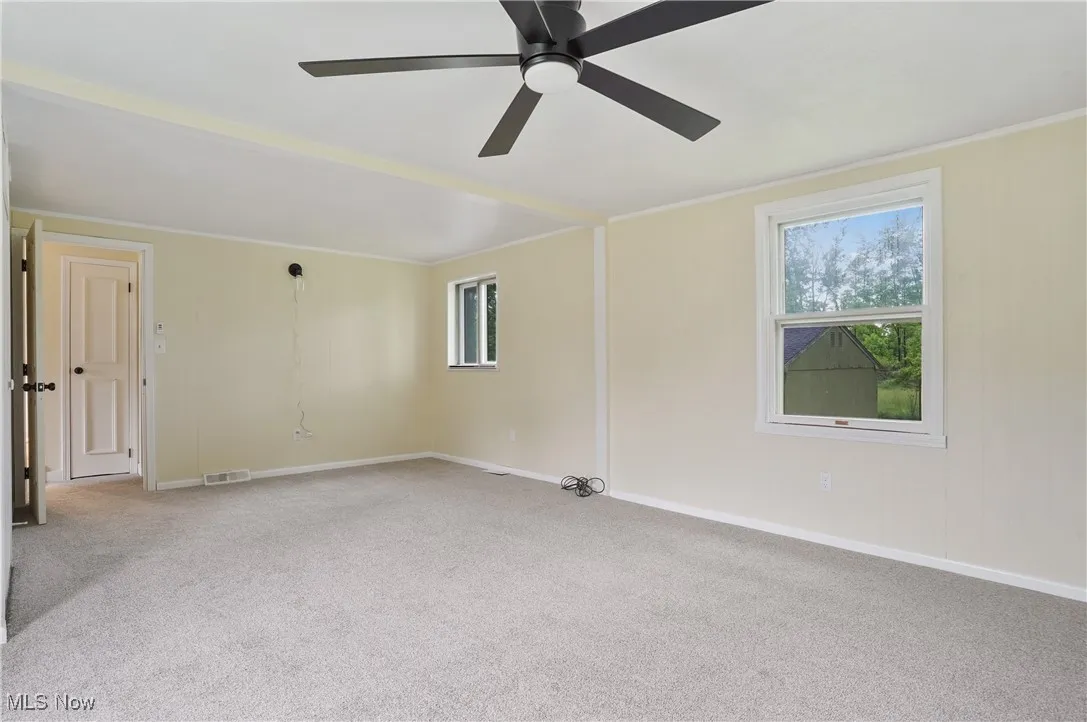Carpeted empty room with healthy amount of natural light, ceiling fan, and baseboards