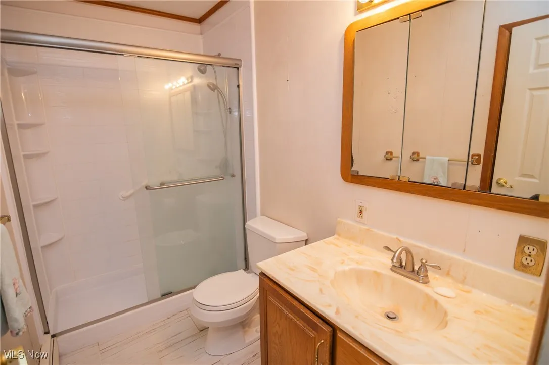 Full bath featuring a stall shower, vanity, toilet, and ornamental molding