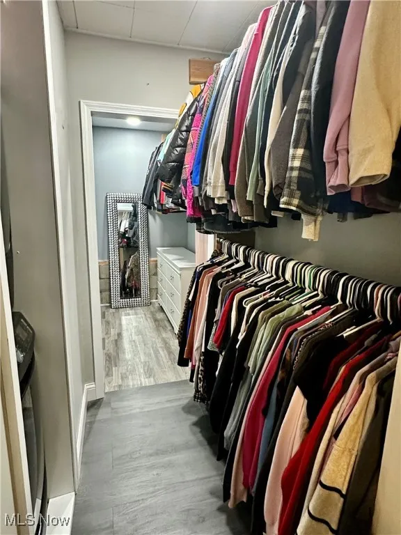 Spacious closet featuring wood finished floors and a drop ceiling
