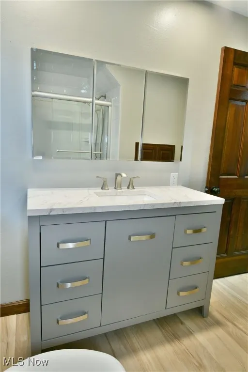 Bathroom featuring vanity, wood finished floors, and a shower stall