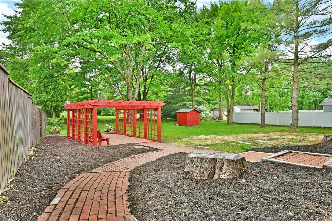 Fenced backyard featuring view of scattered trees
