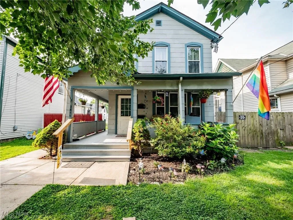 View of front of property featuring covered porch