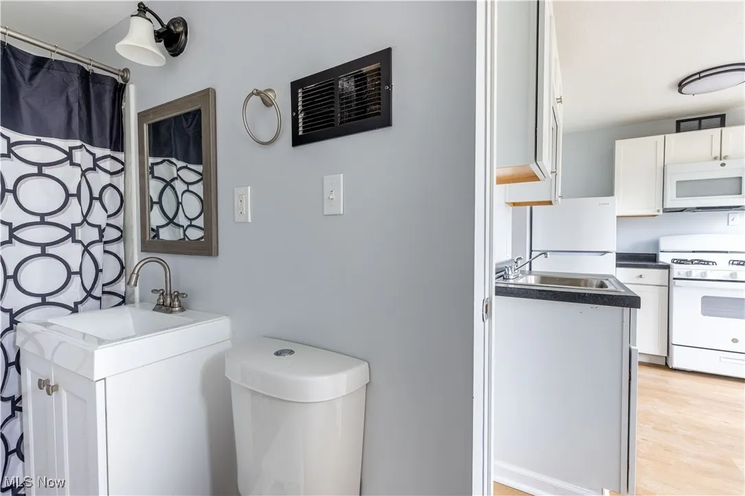 Bathroom featuring vanity, toilet, and wood finished floors