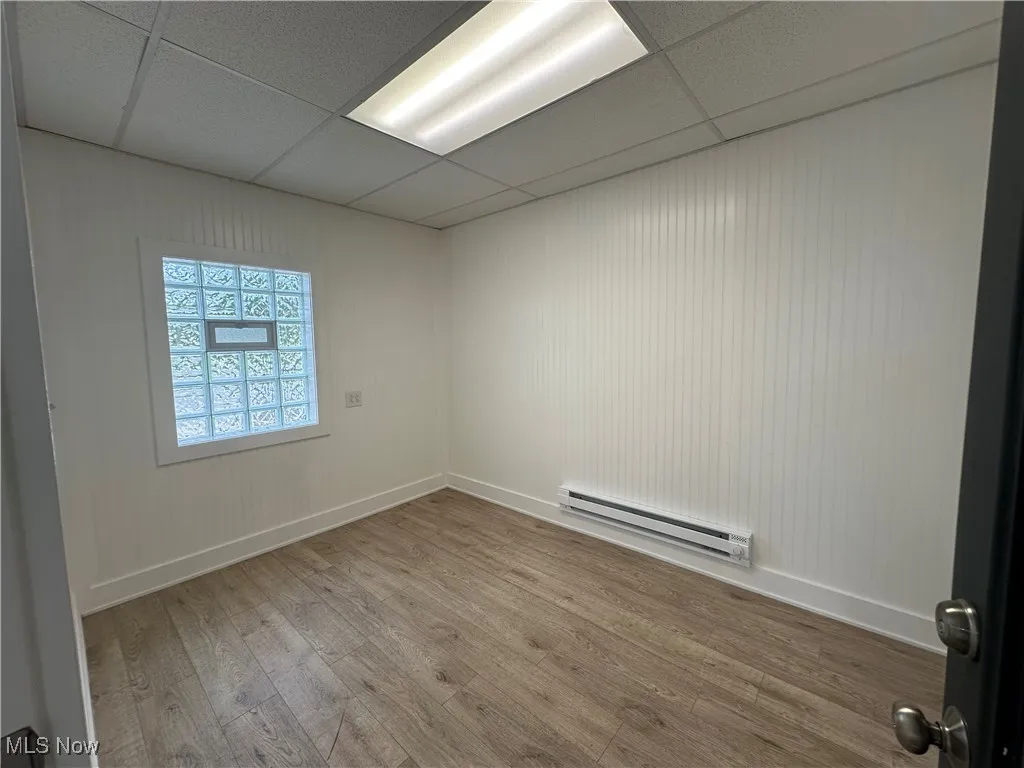 Smaller office,baseboard board heat. All new floors, window, ceiling, heat