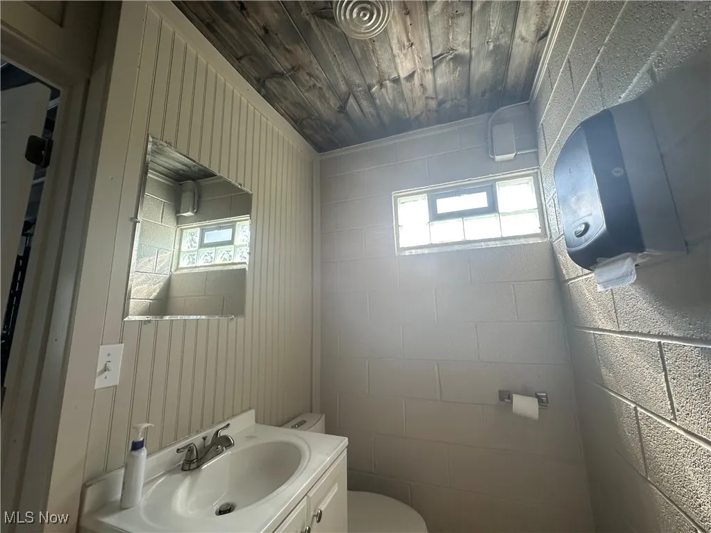 Half bath featuring plenty of natural light, toilet, wooden ceiling, and vanity