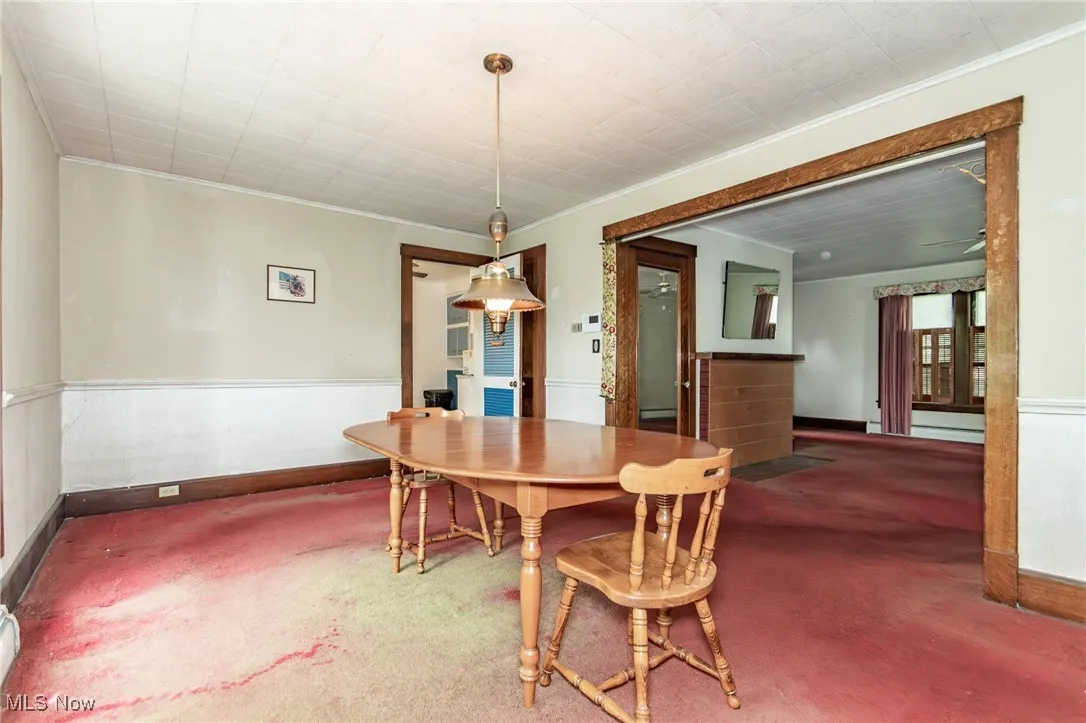 Carpeted dining area featuring wainscoting, crown molding, and a baseboard heating unit