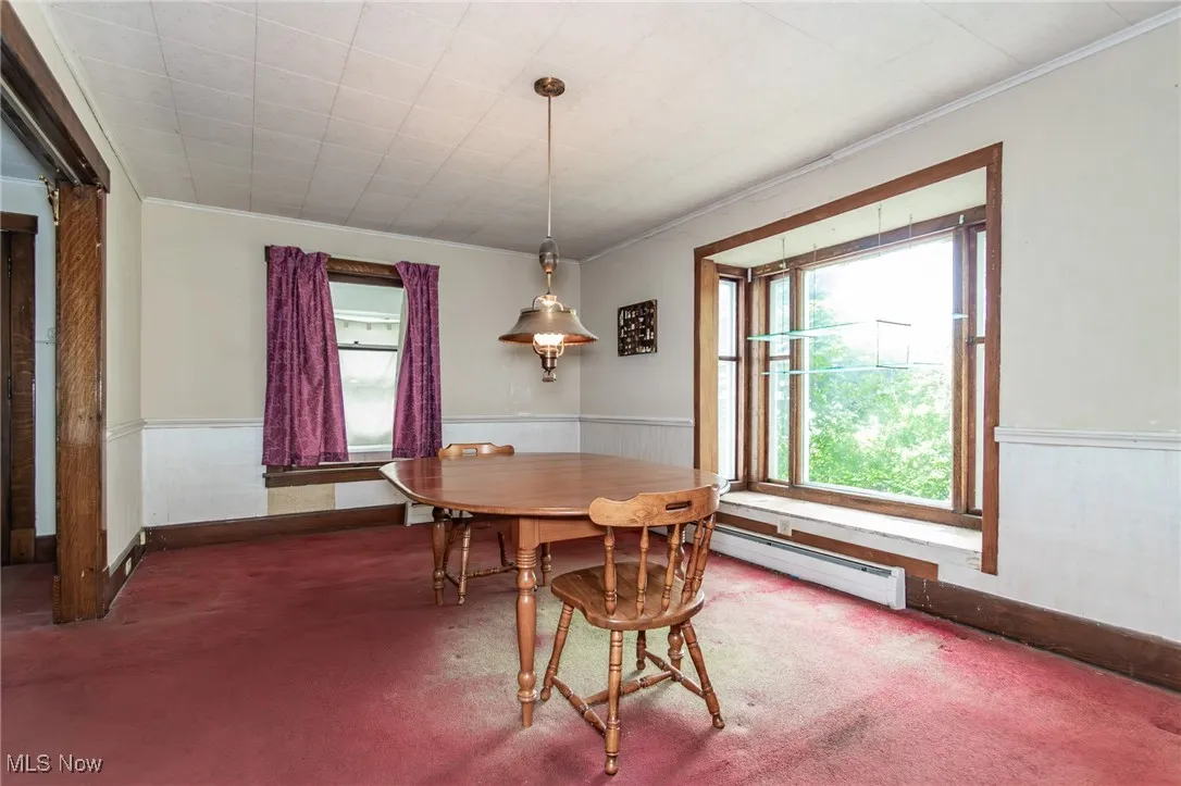 Dining area featuring crown molding, a wainscoted wall, carpet flooring, and a baseboard heating unit