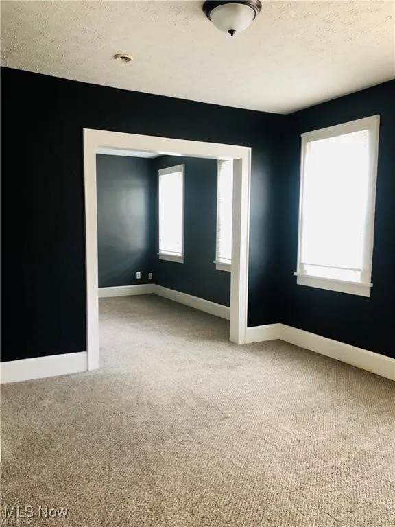 Spare room featuring a textured ceiling, baseboards, and carpet flooring
