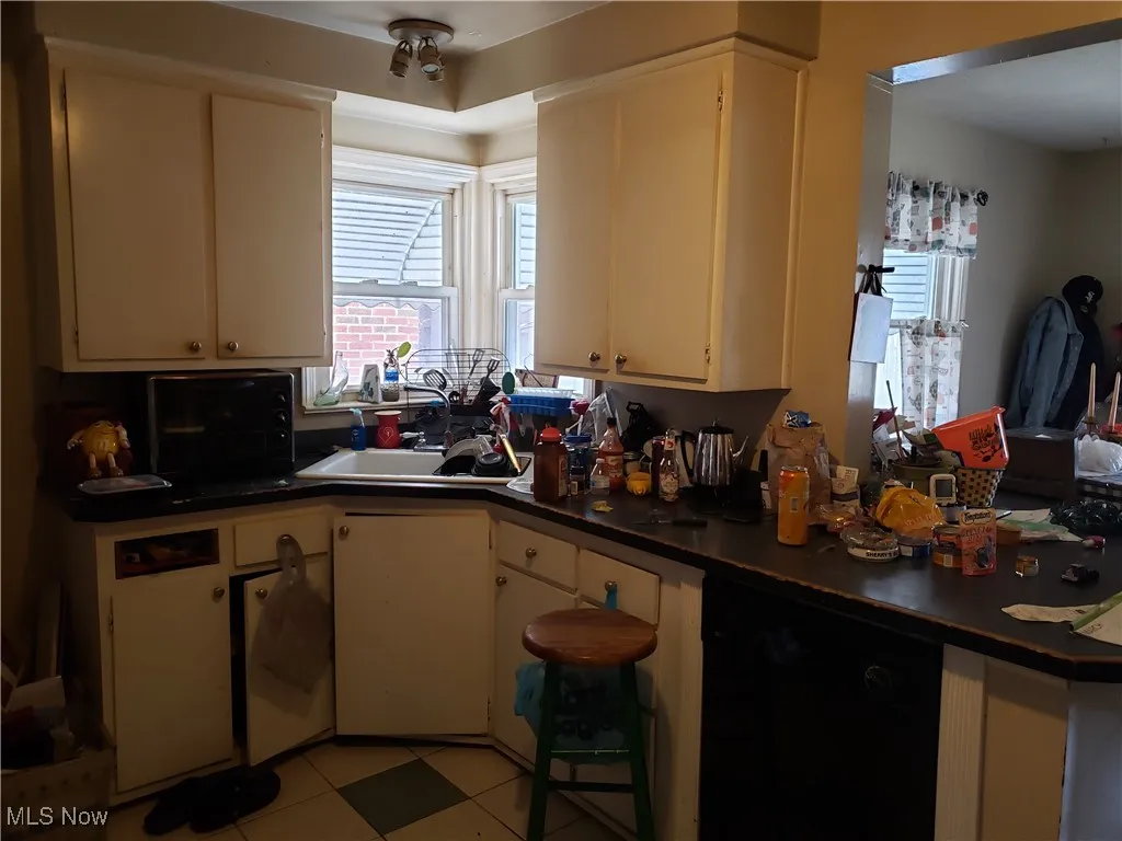 Kitchen with dark countertops, white cabinetry, black dishwasher, and a sink