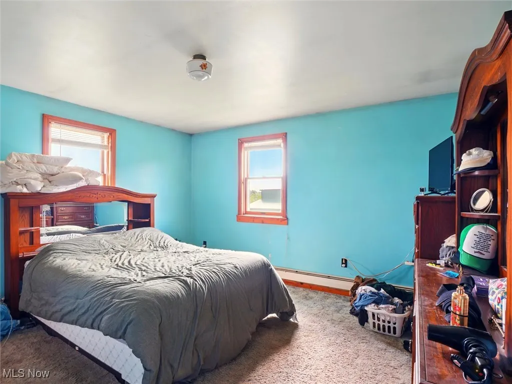 Carpeted bedroom featuring multiple windows, a baseboard heating unit, and baseboards