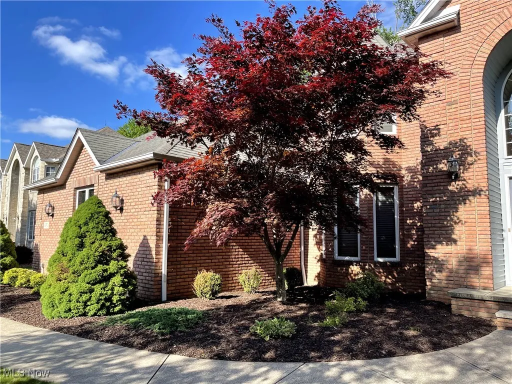 View of home's exterior featuring brick siding and roof with shingles