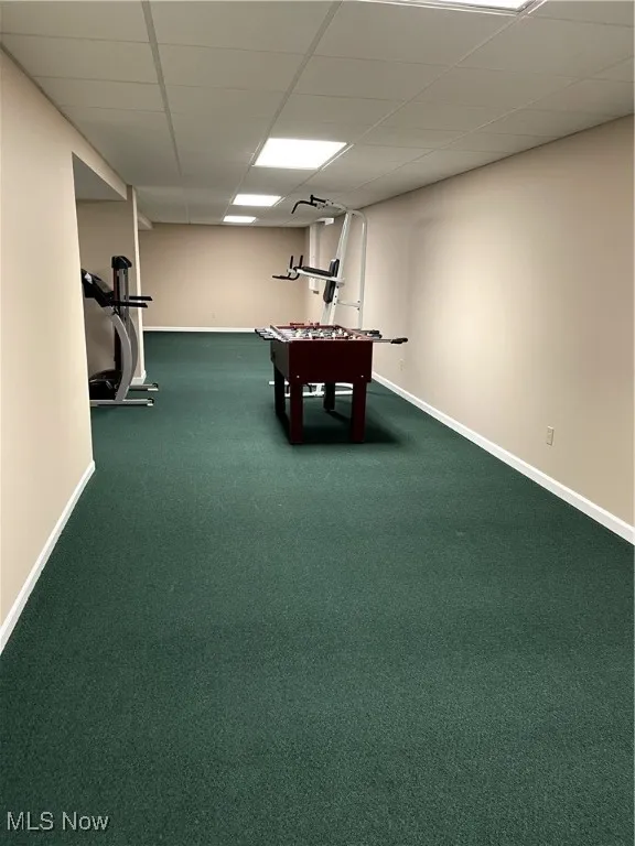Playroom featuring baseboards, carpet floors, and a paneled ceiling