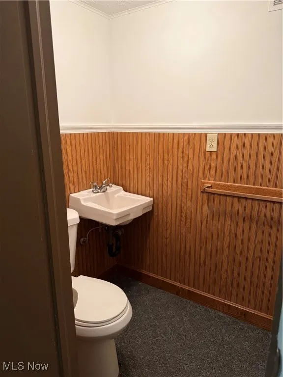 Bathroom featuring a wainscoted wall, toilet, crown molding, and a sink