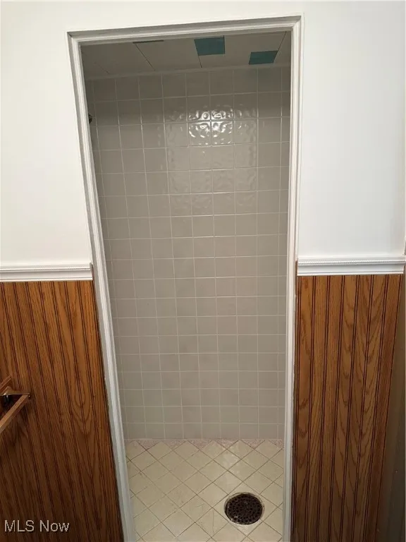 Bathroom with tiled shower and a wainscoted wall