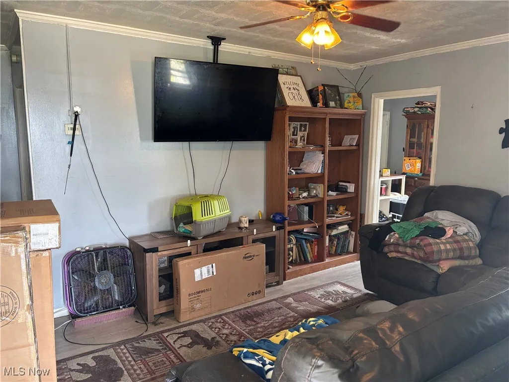 Living room featuring a ceiling fan, wood finished floors, and crown molding
