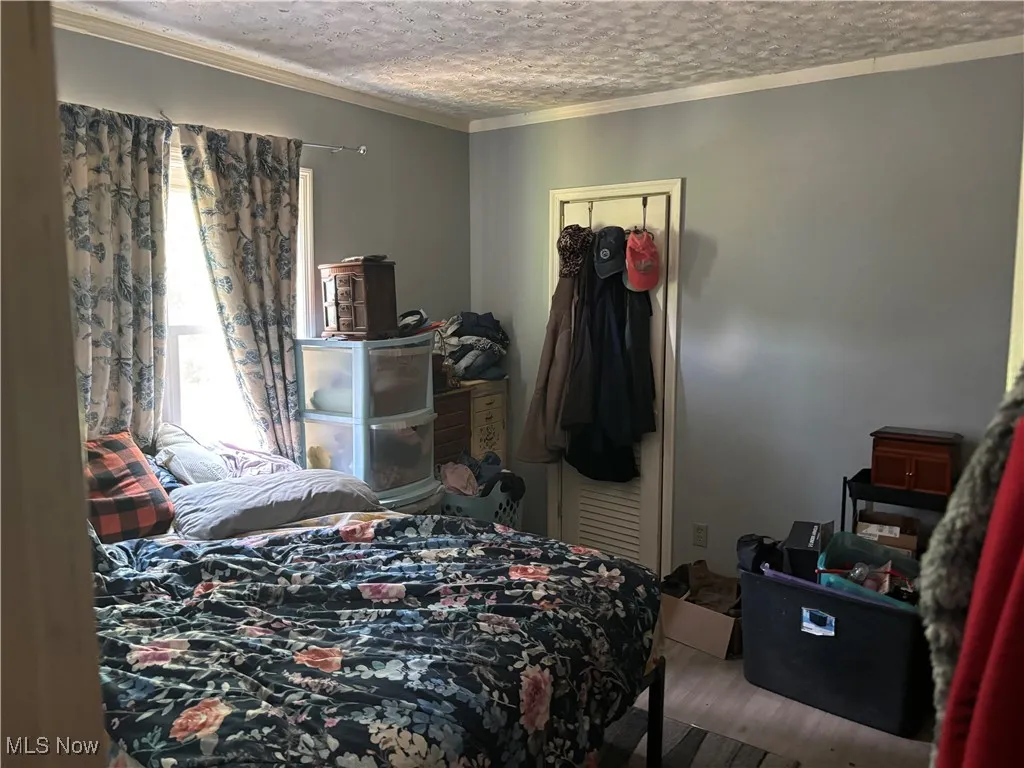 Bedroom with wood finished floors, ornamental molding, and a textured ceiling