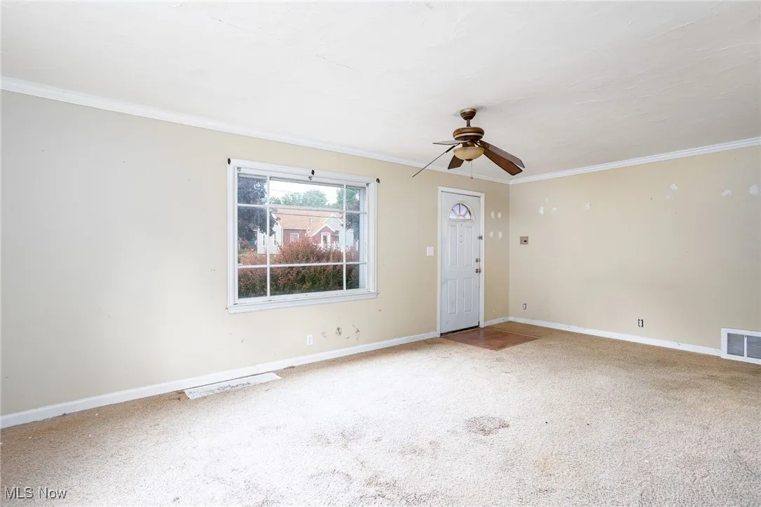 Empty room featuring ornamental molding, a ceiling fan, carpet floors, and baseboards