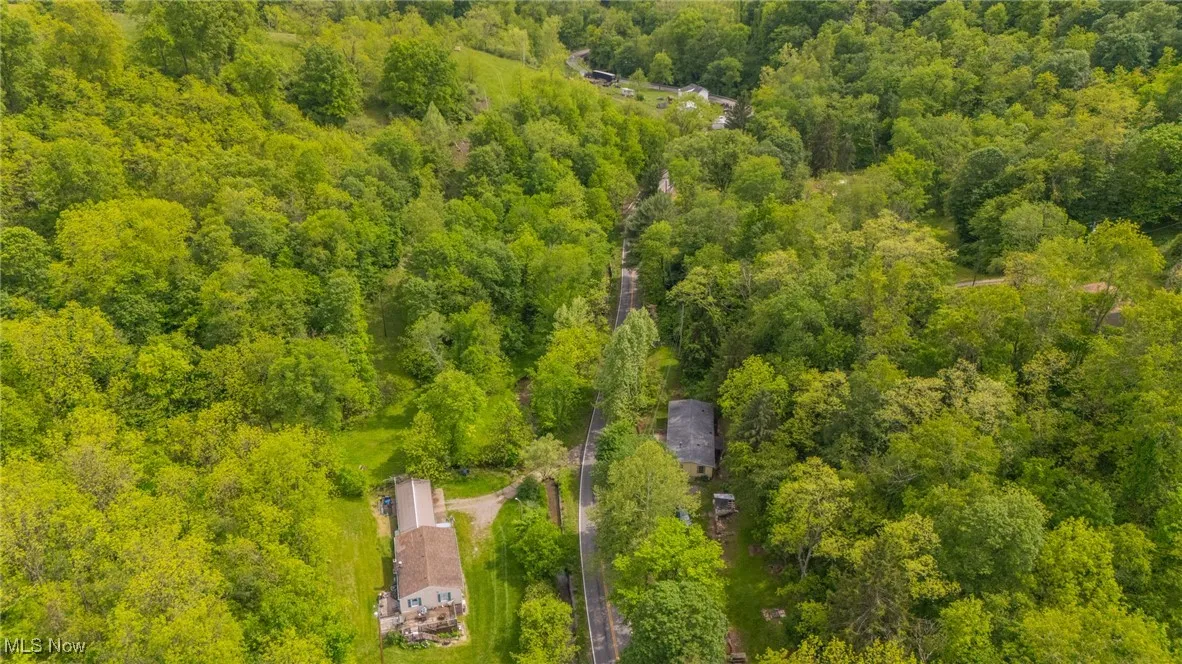 Aerial view of a heavily wooded area