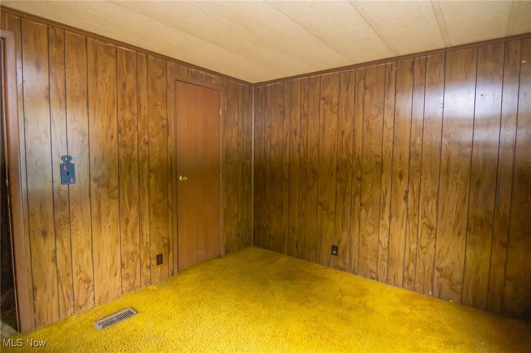 Empty room featuring carpet flooring and wooden walls