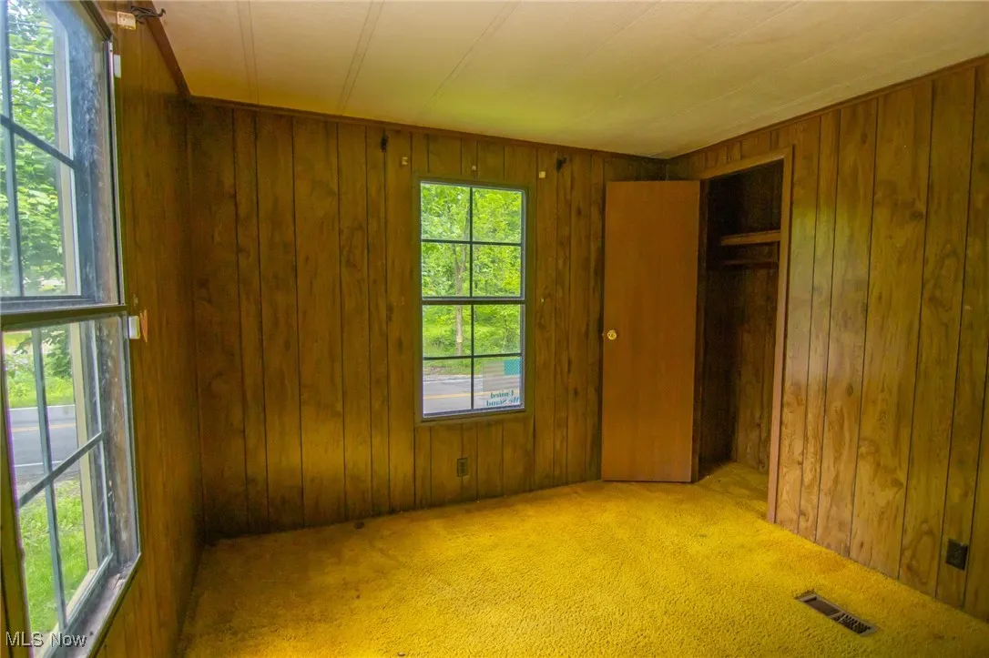 Unfurnished bedroom featuring wood walls, carpet floors, and a closet