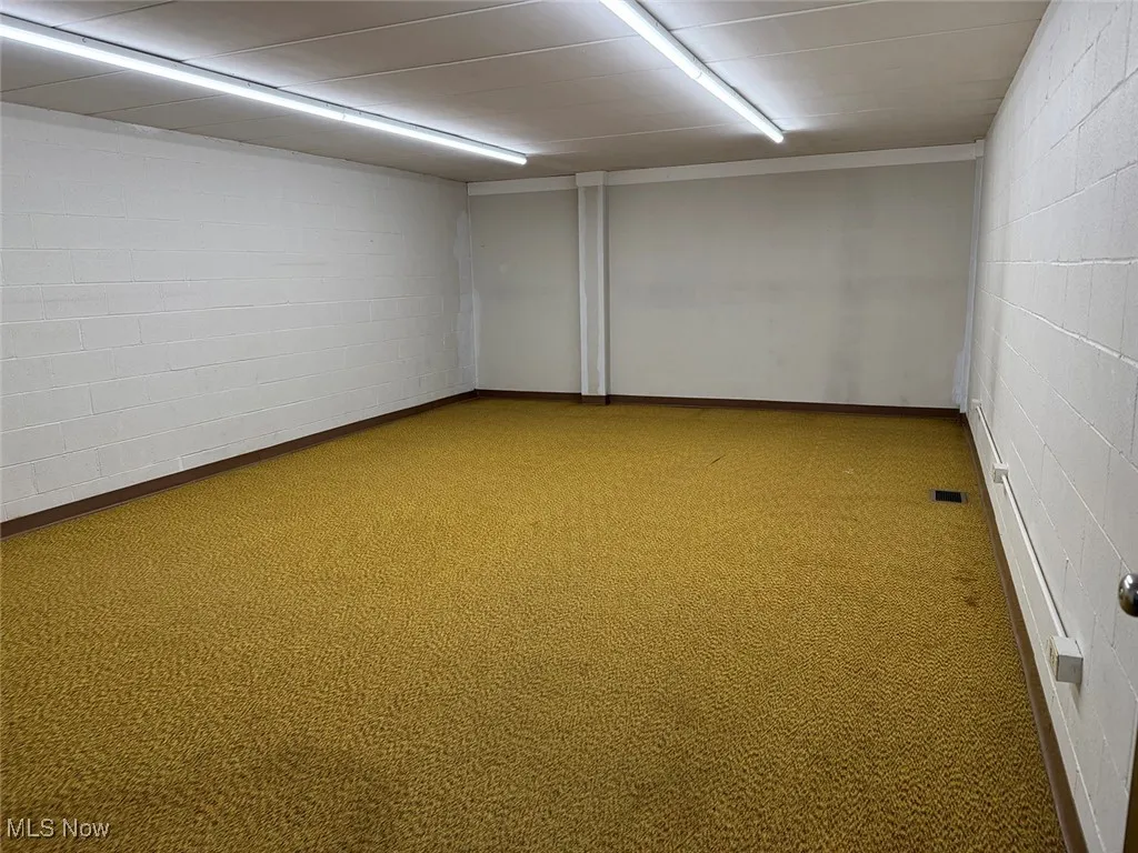 Spare room with concrete block wall and carpet floors