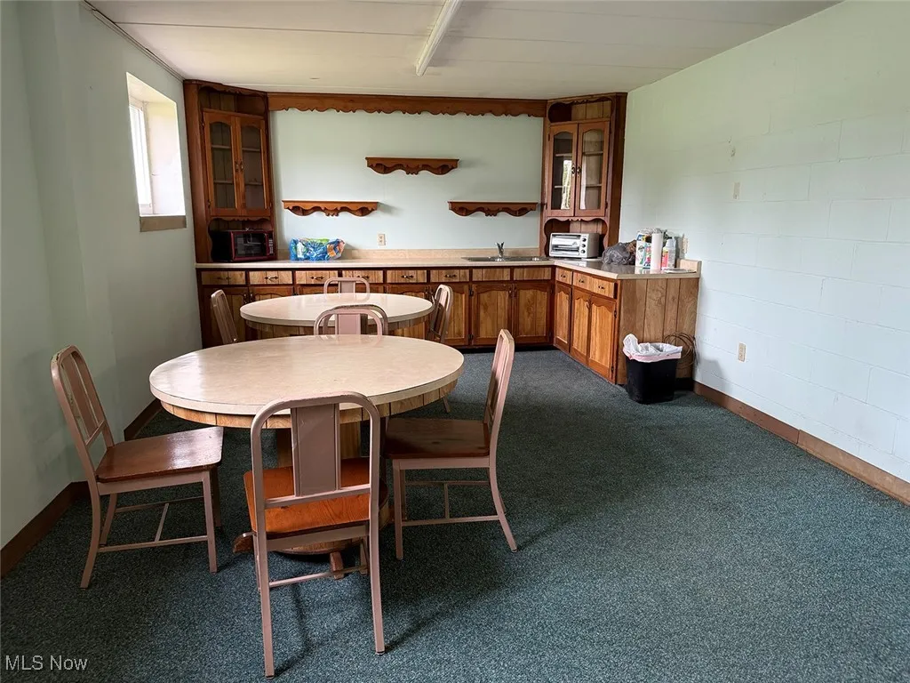Dining room featuring dark carpet