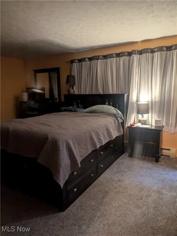 Bedroom with a baseboard heating unit, carpet, and a textured ceiling