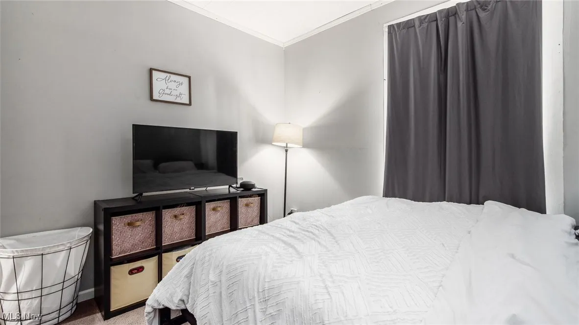 Carpeted bedroom with crown molding