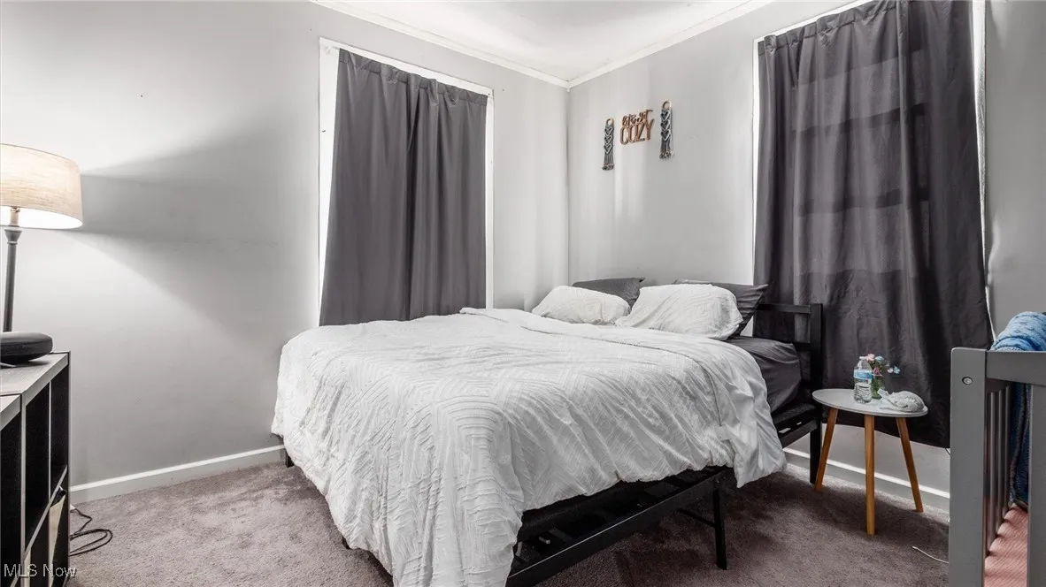 Bedroom featuring ornamental molding, baseboards, and carpet