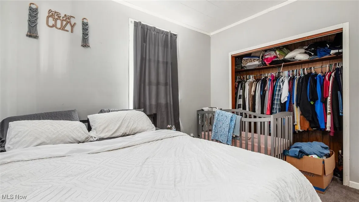 Carpeted bedroom featuring crown molding and a closet