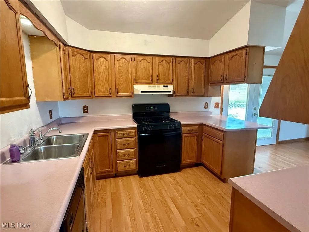 Kitchen with black appliances, under cabinet range hood, light wood-style flooring, a sink, and brown cabinetry