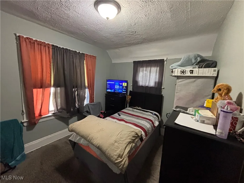 Carpeted bedroom featuring a textured ceiling, multiple windows, baseboards, and lofted ceiling