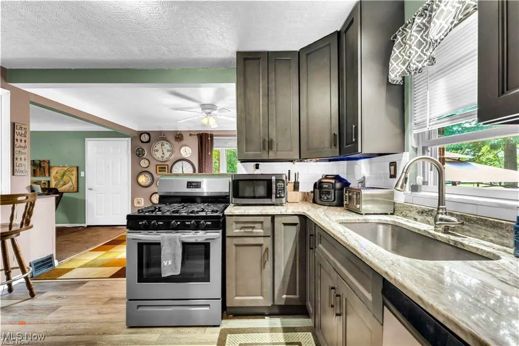Kitchen with stainless steel appliances, a sink, light stone counters, a ceiling fan, and light wood-style flooring