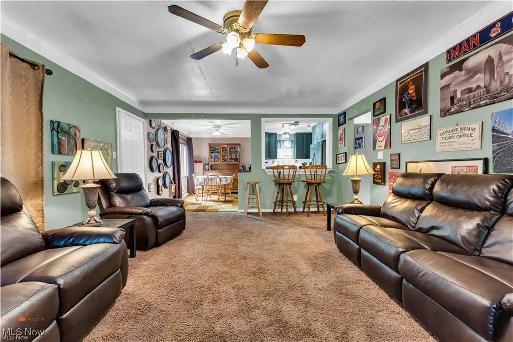 Living area featuring carpet floors and a ceiling fan