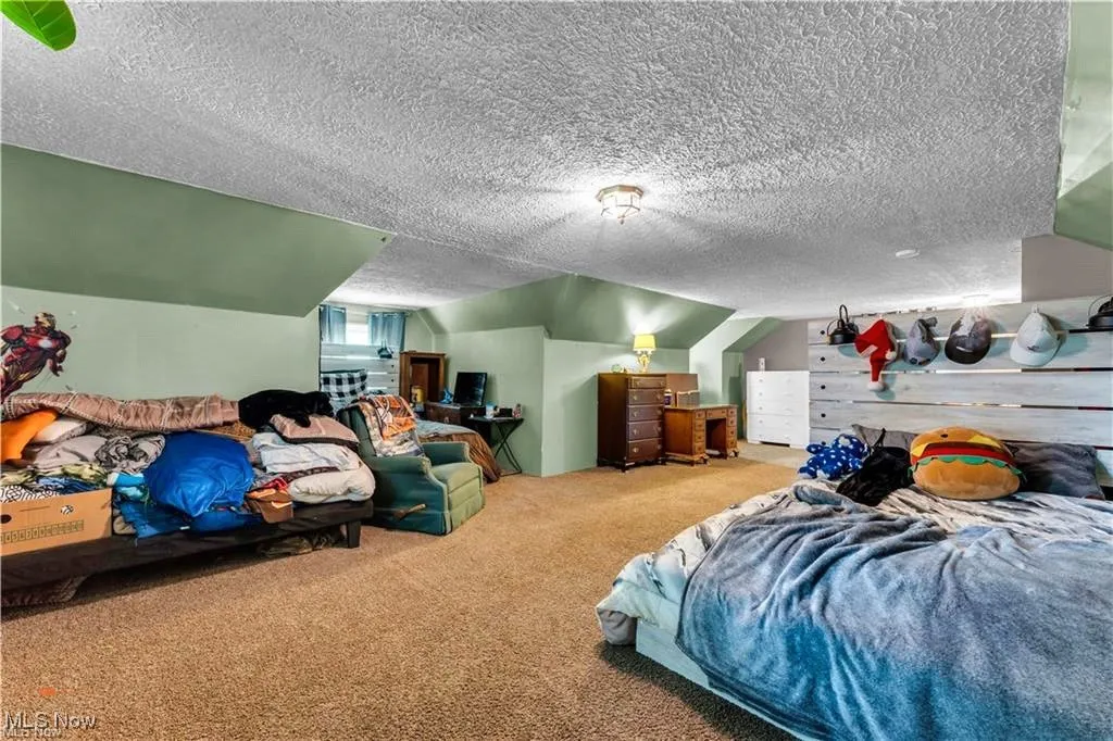 Bedroom featuring carpet floors, a textured ceiling, and lofted ceiling