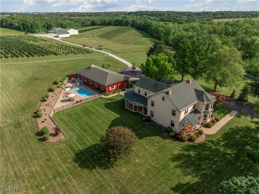 Aerial view of sparsely populated area with a pool and extensive farmland