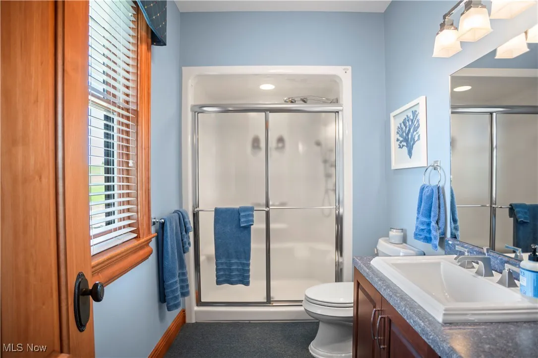 Full bath featuring toilet, vanity, and a stall shower