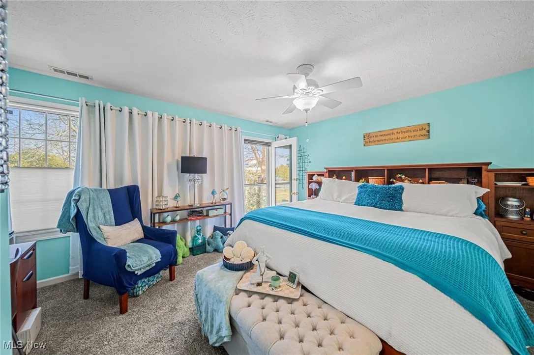 Spacious primary bedroom with custom blinds, access to the rear patio, ceiling fan & newer carpeting!