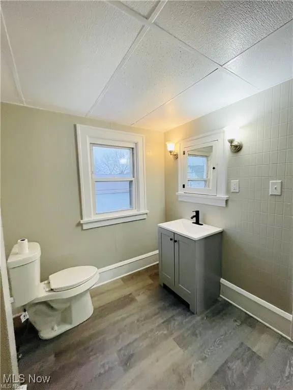 Half bathroom featuring toilet, vanity, wood finished floors, and plenty of natural light