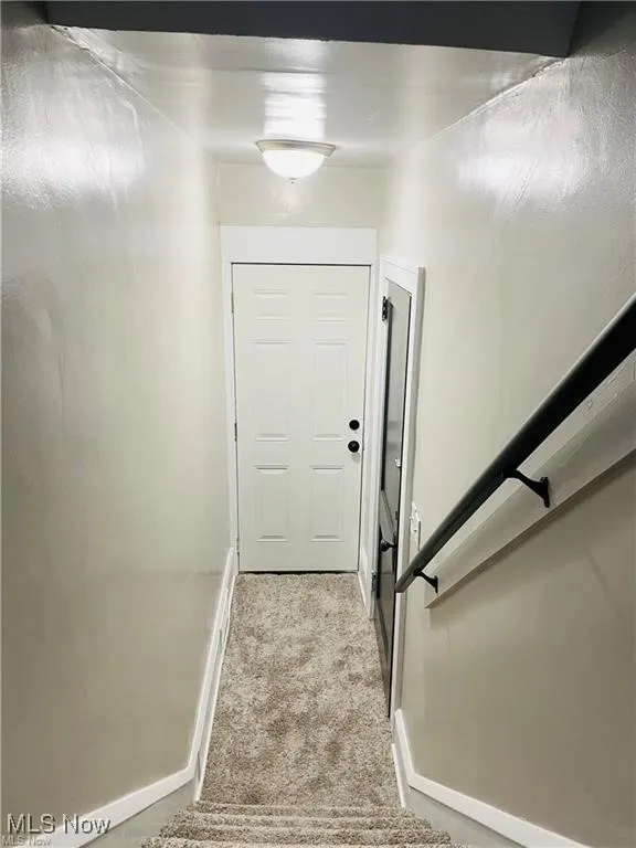 Staircase featuring carpet floors and baseboards