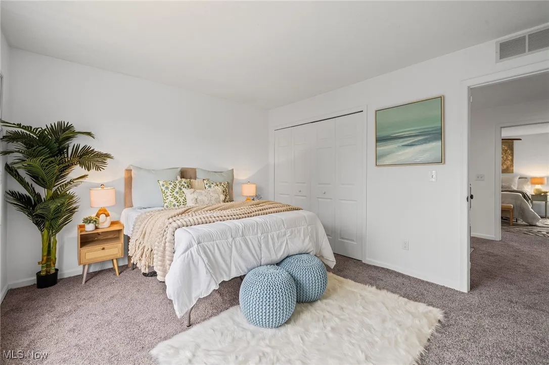 Bedroom featuring carpet flooring, a closet, and baseboards