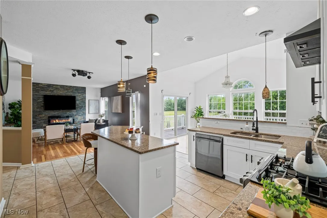 Kitchen with dishwasher, a sink, a stone fireplace, white cabinetry, and dark stone counters