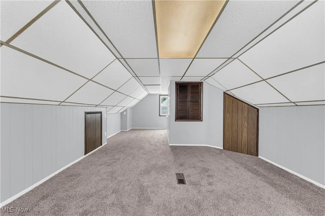 Additional living space featuring carpet flooring, wooden walls, and baseboards